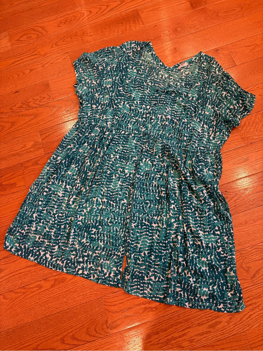 Woman Within 3X Teal Botanical Print Midi Dress Button Front Boho Cottagecore